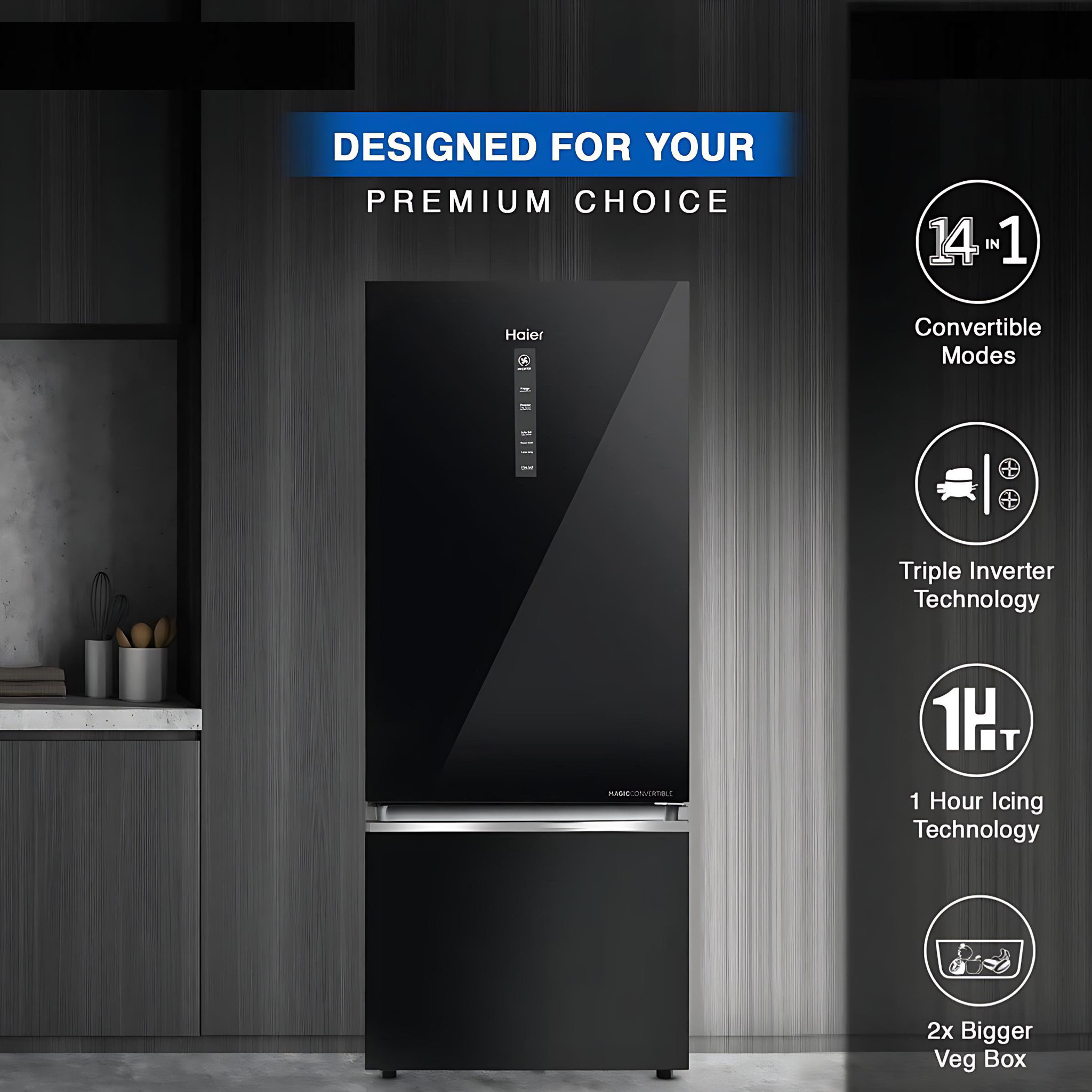 Haier 355 Ltr Triple Inverter 5 Star Frost-Free Premium Bottom Mounted Refrigerator with Digital Control Panel | Triple Inverter & Dual Fan Tech, Twist Ice Maker, Magic Cooling HRB-4053PKG-P ( Black Finish fridge ) - Image 5