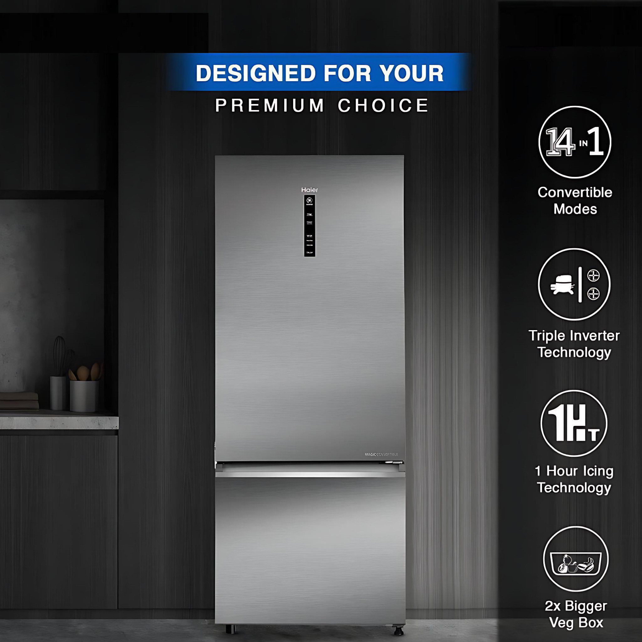Haier 355 Ltr Triple Inverter 5 Star Frost-Free Premium Bottom Mounted Refrigerator with Digital Control Panel | Triple Inverter & Dual Fan Tech, Twist Ice Maker, Magic Cooling HRB-4053BIS-P ( Innox | Silver Finish fridge ) - Image 5