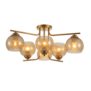 Gold 6 Lamp L shape Metal Amber Dome Glass Ceiling Light - 40W