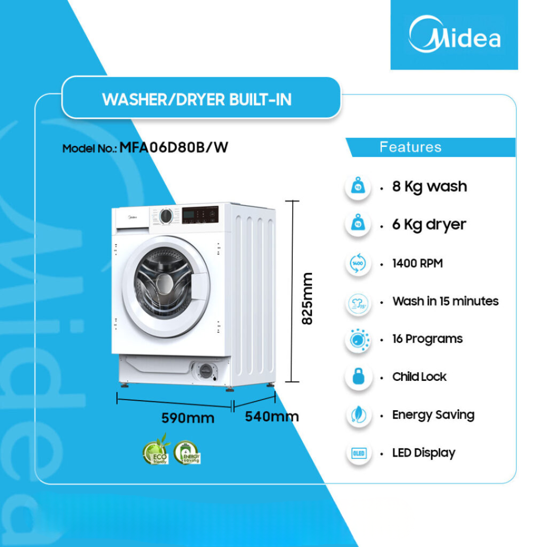 Midea 8 KG / 6KG Washer / Dryer Built – In - MFA06D80B / W - Image 2