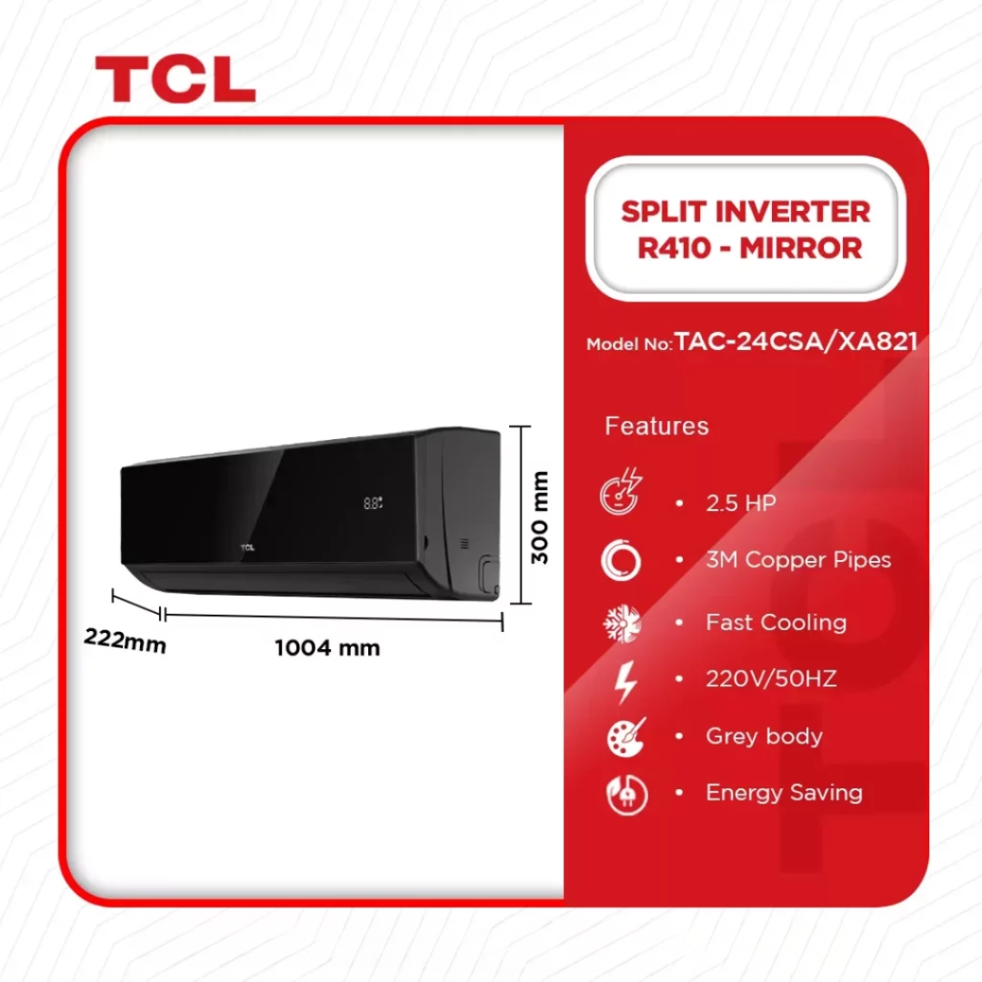 TCL 2.5 HP Split Inverter R410 Gas – Black Mirror - TAC-24CSA / XA82I - Image 2