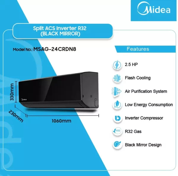 Midea 2.5 HP Split AC Inverter R32 – Black Mirror - MSAG-24CRDN8 - Image 4