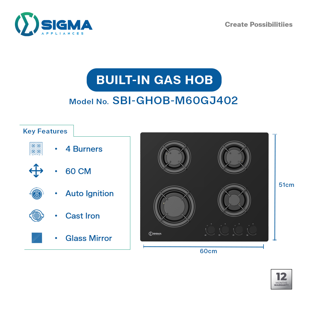 SIGMA 4 BURNER BUILT-IN GAS HOB - SBI-GHOB-M60GJ402 - Image 2