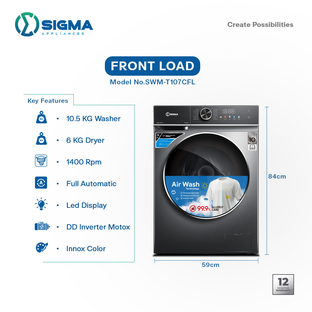 SIGMA 10.5KG WASH & 6KG DRY WASHING MACHINE - SWM-T107CFL - Image 2