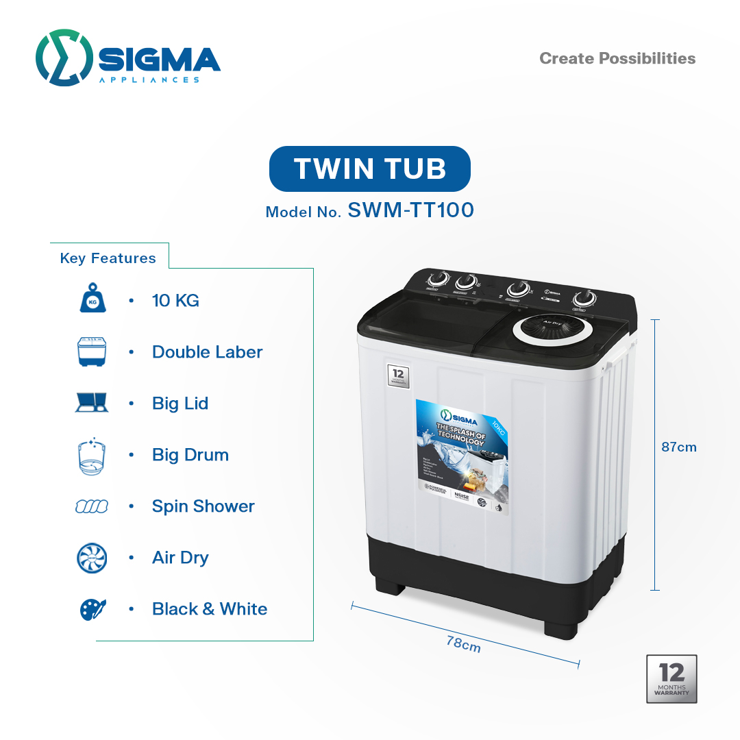 SIGMA 10KG TWIN-TOP WASHING MACHINE - SWM-TT100 - Image 3