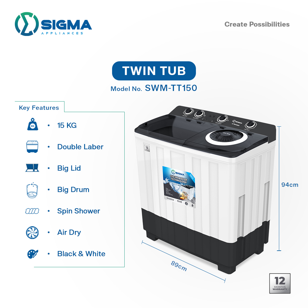 SIGMA 15KG TWIN-TOP WASHING MACHINE - SWM-TT150 - Image 2