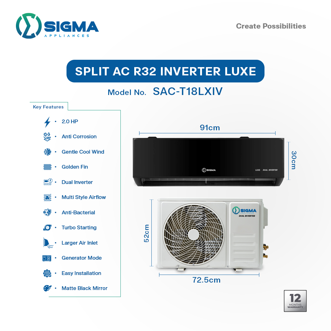 Sigma 2.0HP LUXE SPLIT AC R32 INVERTER Air Conditioner - SAC-T18LXIV - Image 2