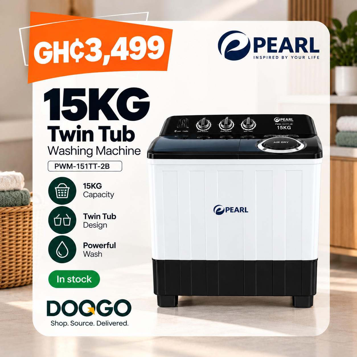 Pearl 15KG Twin Top Washing Machine PWM-151TT-2B - Image 5
